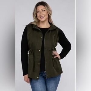 ZENANA Plus Relaxed Fit Drawstring Waist Military Hoodie Vest Dark Olive size 2X